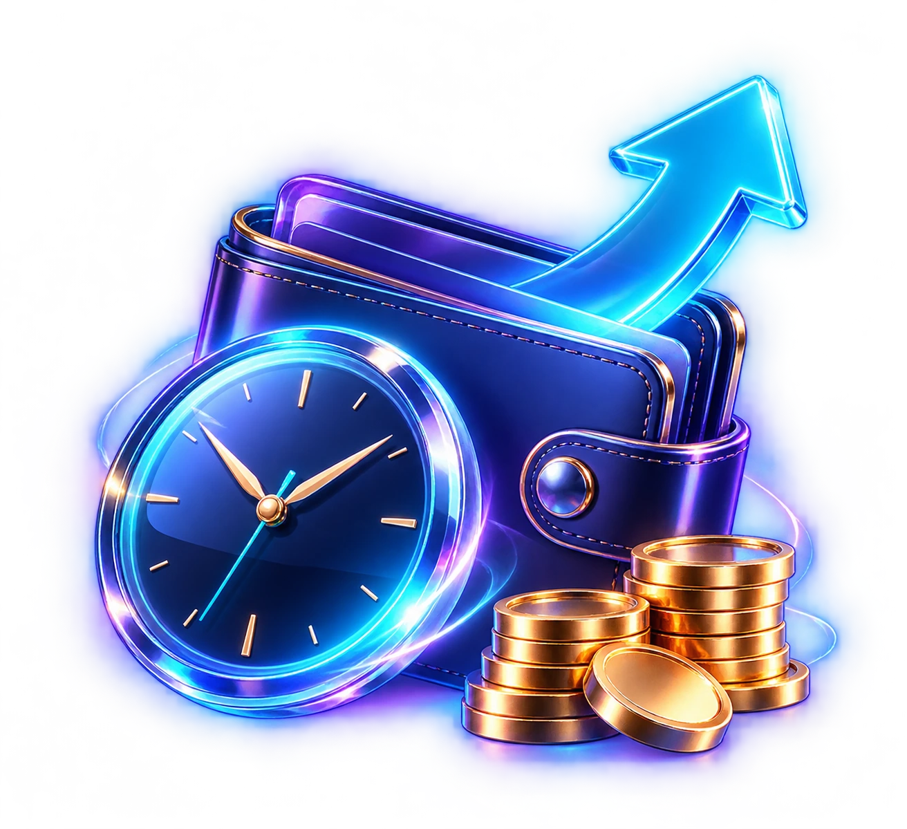 Wallet, clock and coins illustrating payout scheduling